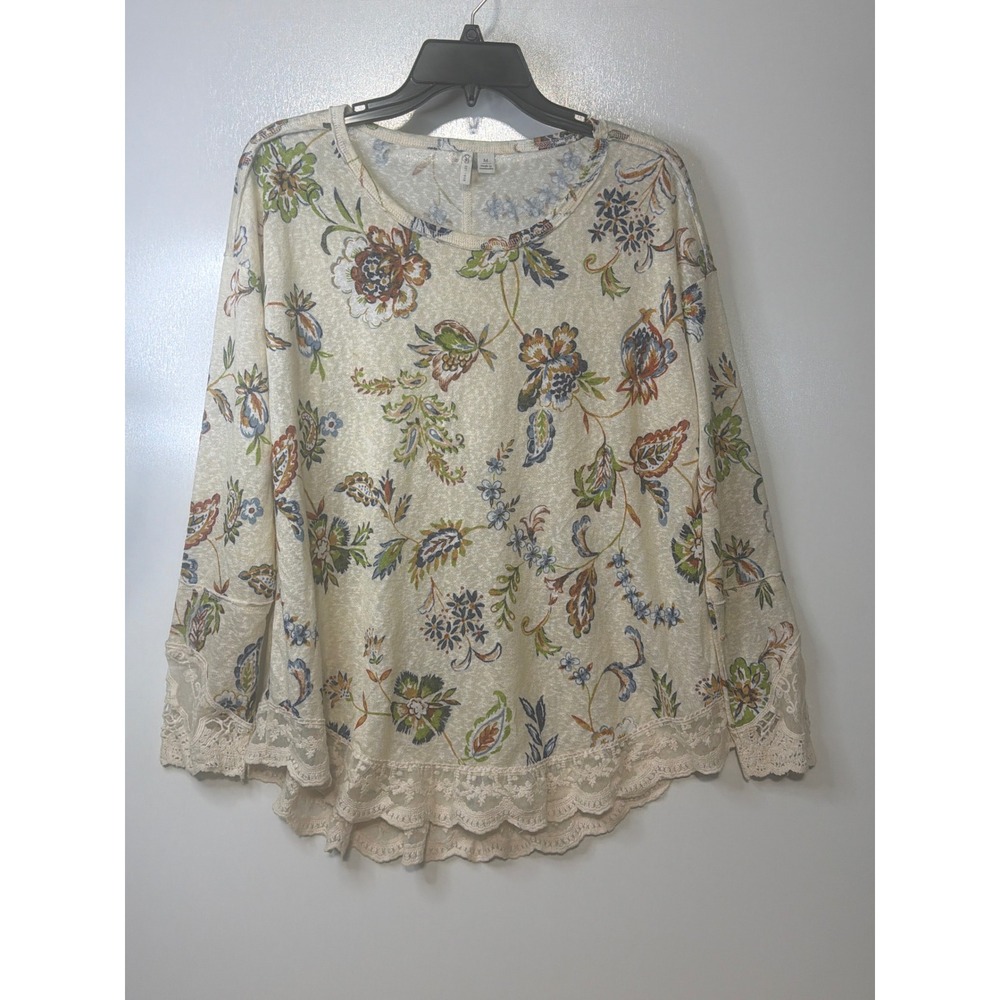 Cato Womens Medium Floral Paisley Lace Trim Long Sleeve Blouse Cream Multi